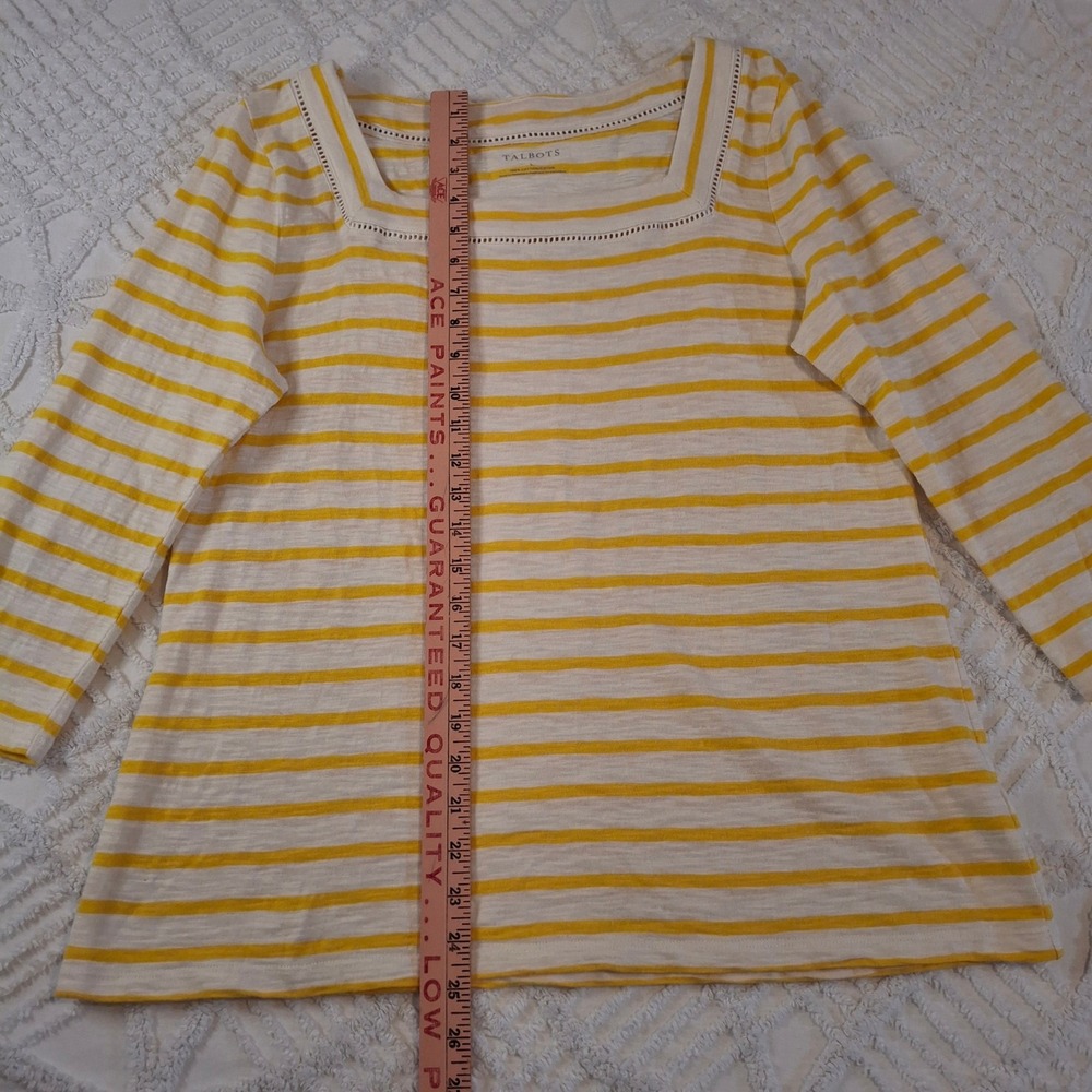 Talbots Womens Large Top Yellow White Striped Square Neck Lace Trim 3/4 Sleeve - Picture 2 of 6